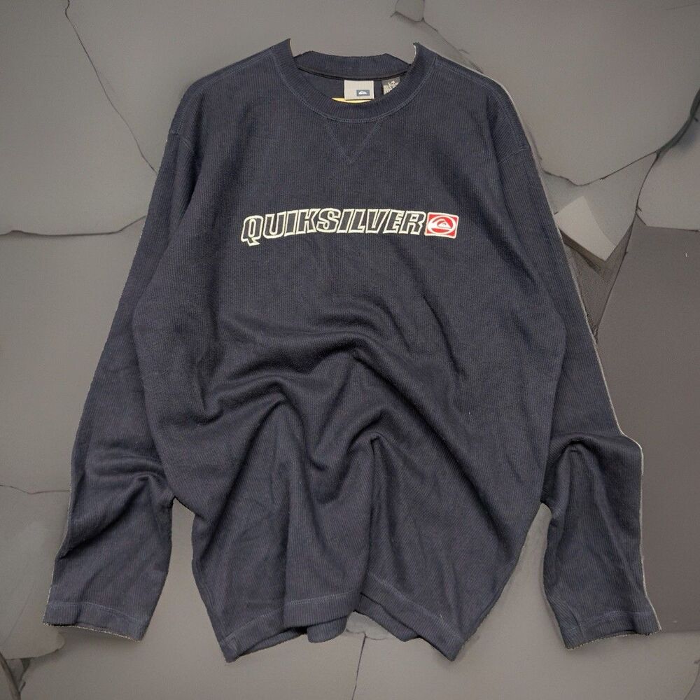 VTG 90s Quiksilver Thermal Waffle Knit Navy Long Sleeve Shirt Men L Y2k Spellout